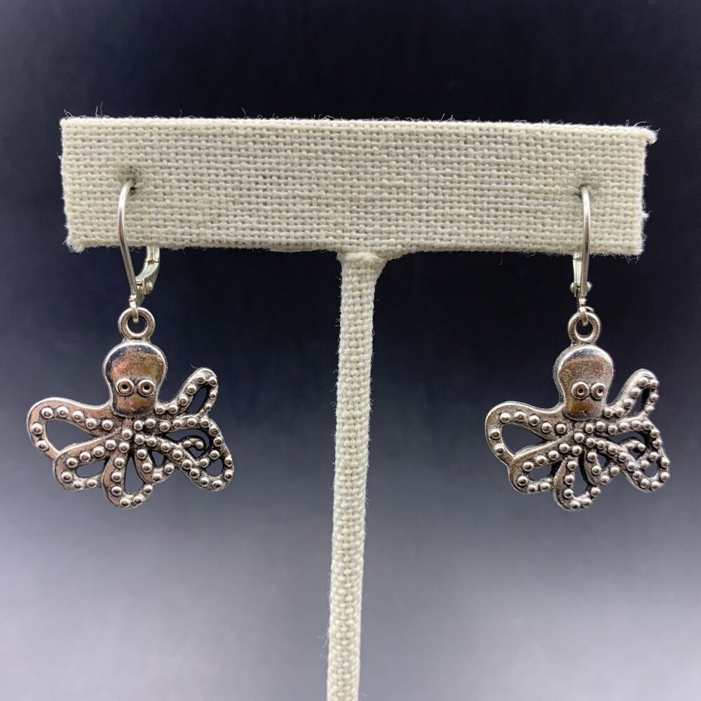 Octopus Earrings Leverback Drop Dangle Silver Tone Sea Animal Nautical Pierced